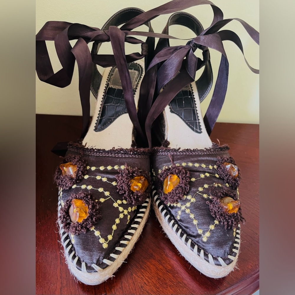 Elegant Brown silk embroidered sandals espadrille wedges sling back ankle tie 10